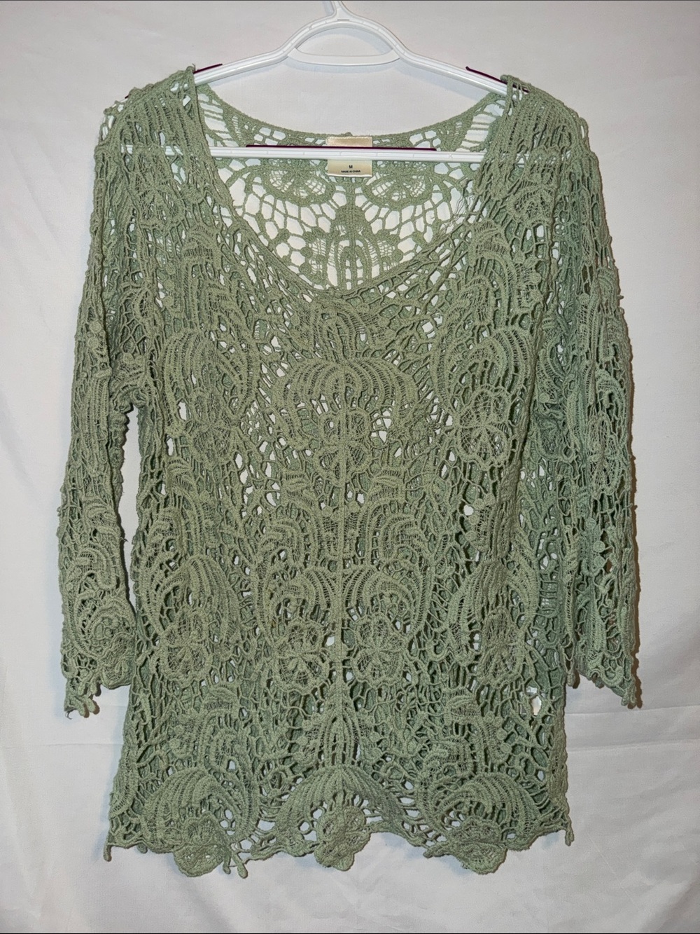 Bedford Fair Crocheted Lace Top in Light Sage